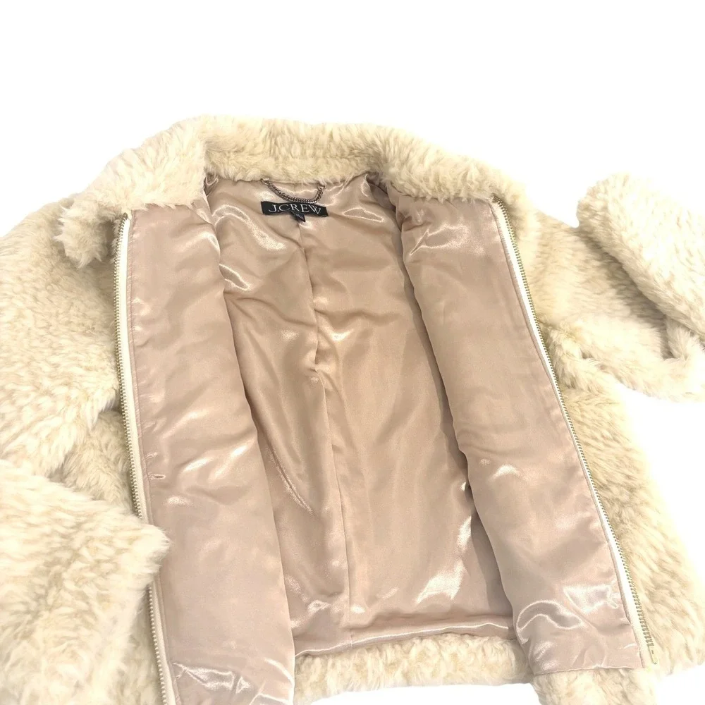 J.Crew Faux Fur Jacket Coat Womens L Ivory Cream Full Zip Teddy Bear High Pile